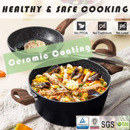 Ensemble de casseroles et poêles antiadhésives, batterie de cuisine en céramique à motifs, compatible induction, comprenant poêles à frire et cocotte avec couvercles.