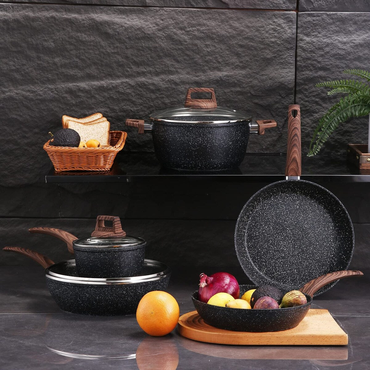 Ensemble de casseroles et poêles antiadhésives, batterie de cuisine en céramique antiadhésive comprenant poêle à frire, casserole, sauteuse et cocotte.