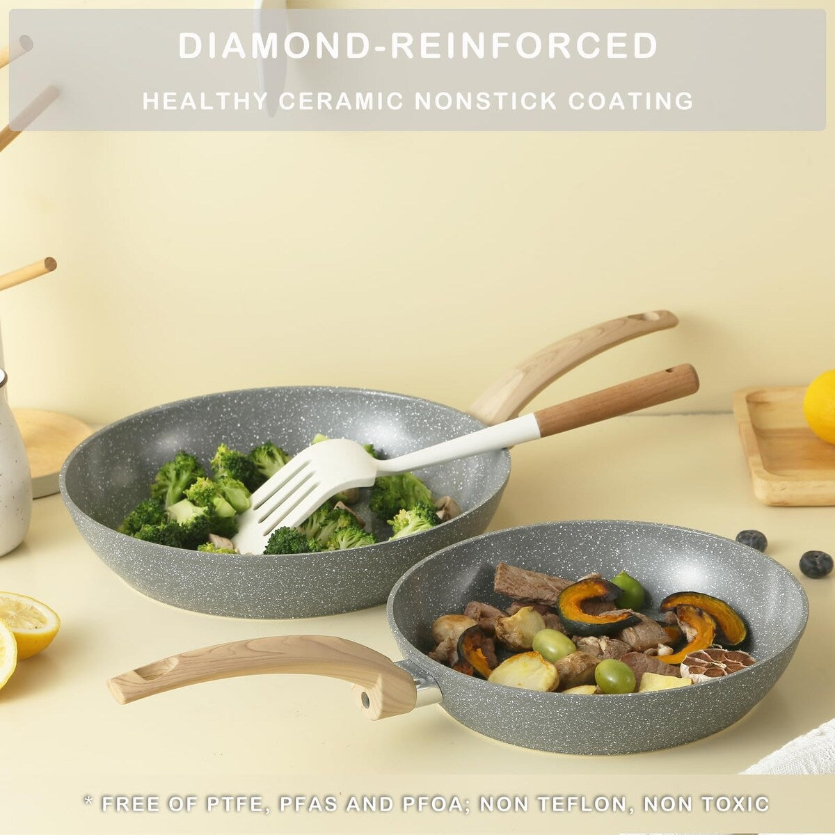 Ensemble de casseroles et poêles antiadhésives, batterie de cuisine en céramique antiadhésive comprenant poêle à frire, casserole, sauteuse et cocotte.