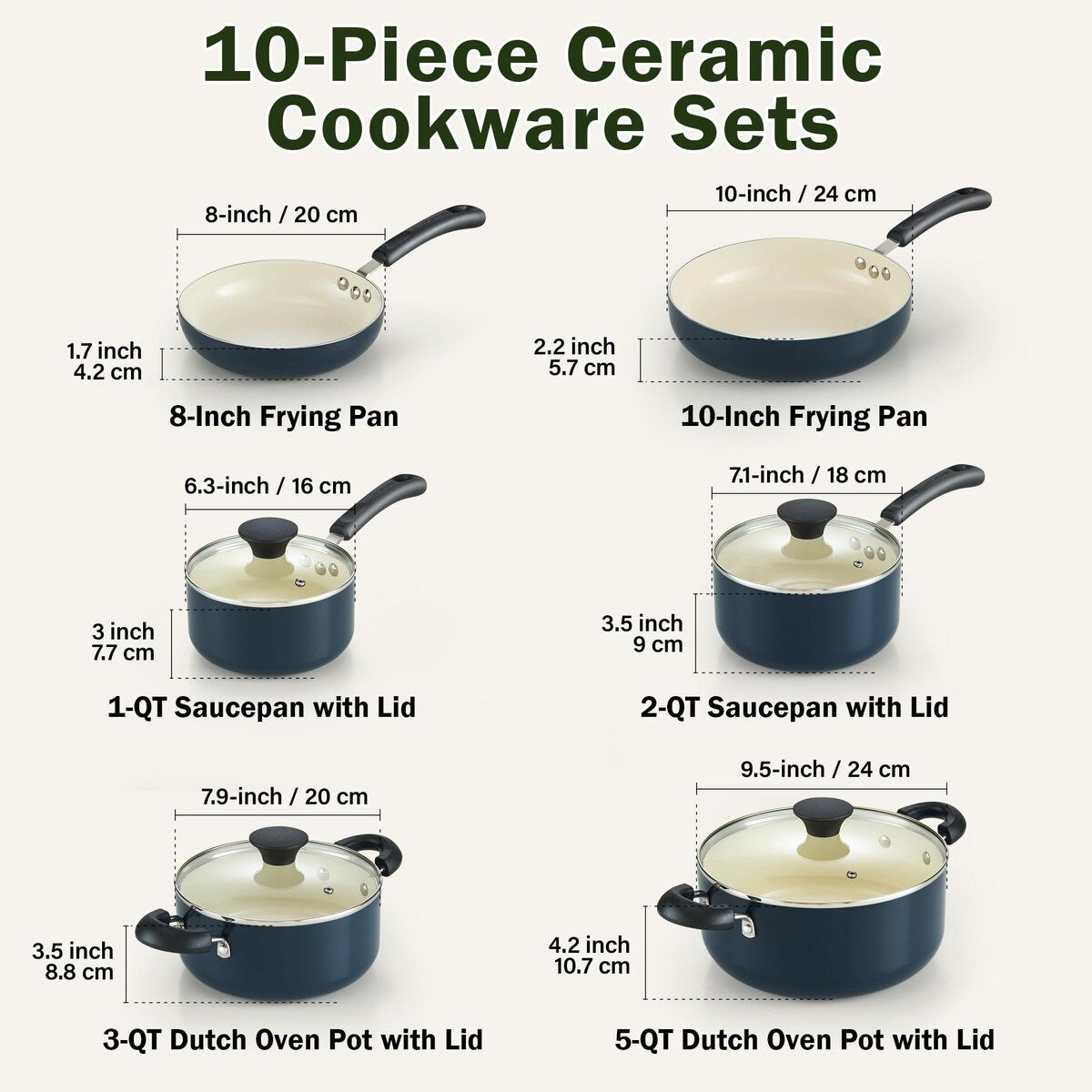 Ensemble de casseroles et poêles antiadhésives, batterie de cuisine en céramique 10 pièces, ensemble de cuisson antiadhésif avec casseroles