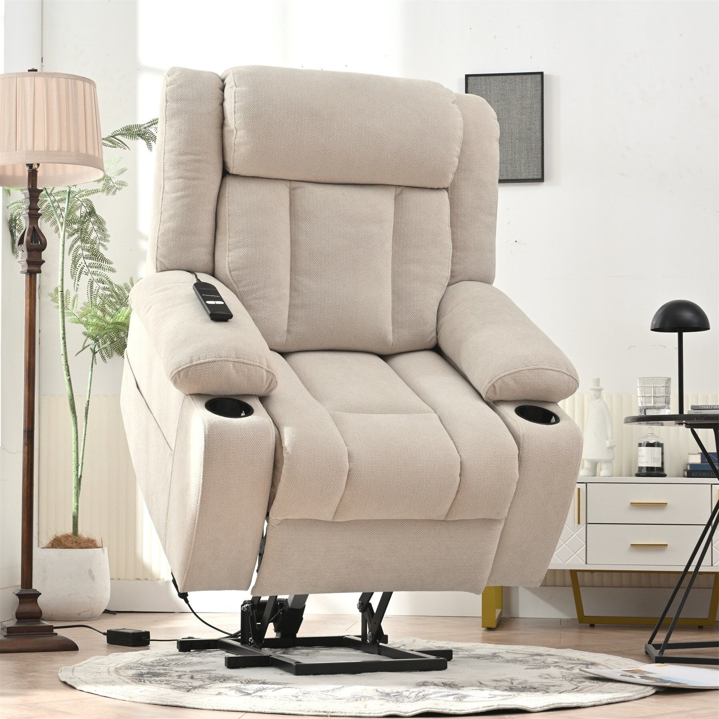 Fauteuil releveur électrique pour personnes âgées, fauteuil releveur en tissu avec repose-pieds extensible, 2 porte-gobelets, poches latérales et télécommande.