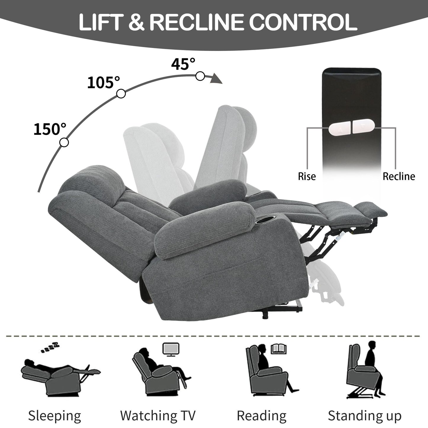 Fauteuil releveur électrique pour personnes âgées, fauteuil releveur en tissu avec repose-pieds extensible, 2 porte-gobelets, poches latérales et télécommande.