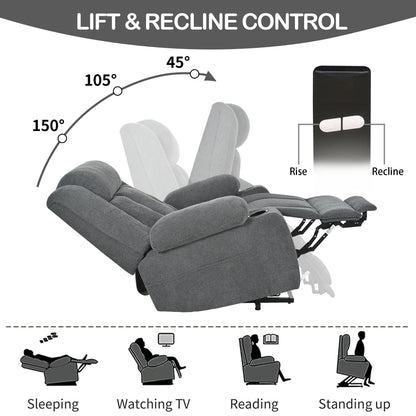 Fauteuil releveur électrique pour personnes âgées, fauteuil releveur en tissu avec repose-pieds extensible, 2 porte-gobelets, poches latérales et télécommande.