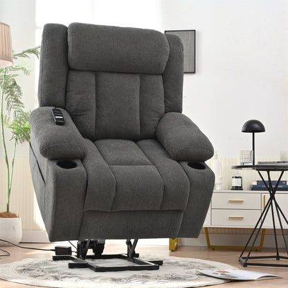 Fauteuil releveur électrique pour personnes âgées, fauteuil releveur en tissu avec repose-pieds extensible, 2 porte-gobelets, poches latérales et télécommande.