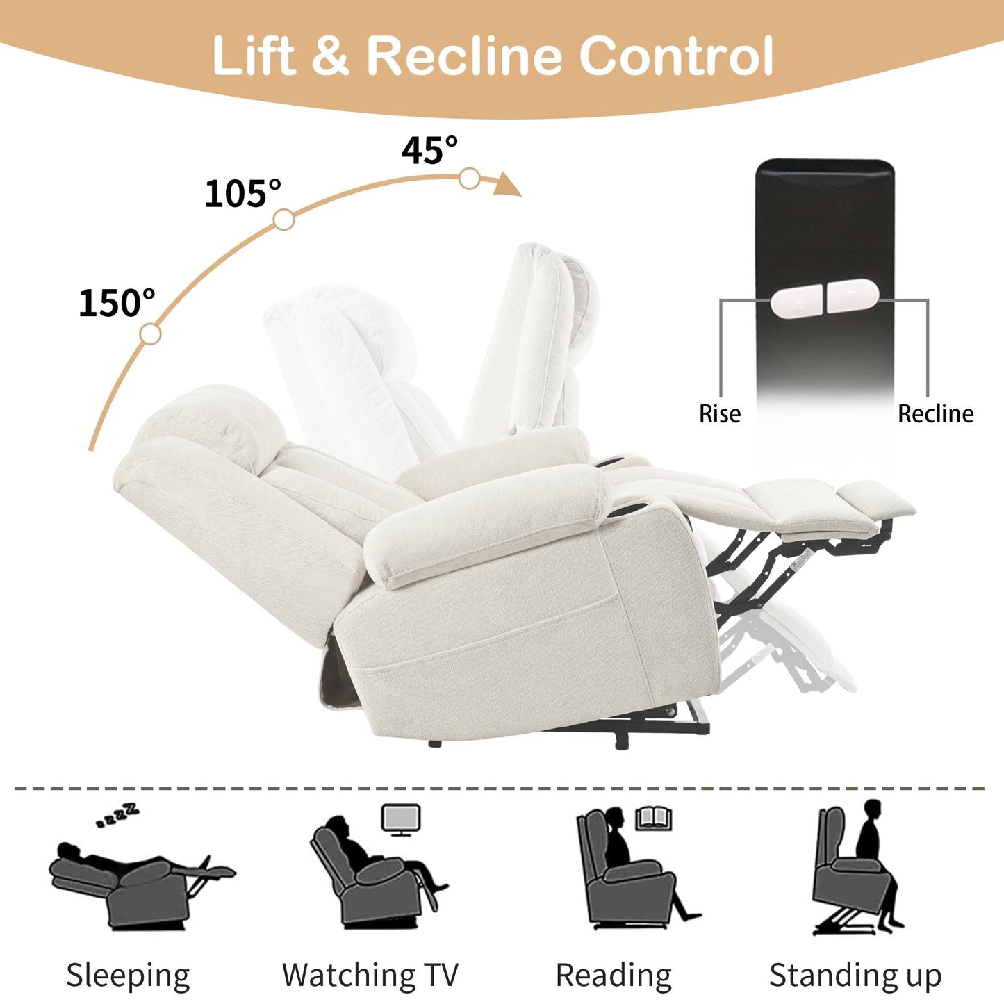 Fauteuil releveur électrique pour personnes âgées, fauteuil releveur en tissu avec repose-pieds extensible, 2 porte-gobelets, poches latérales et télécommande.