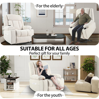 Fauteuil releveur électrique pour personnes âgées, fauteuil releveur en tissu avec repose-pieds extensible, 2 porte-gobelets, poches latérales et télécommande.