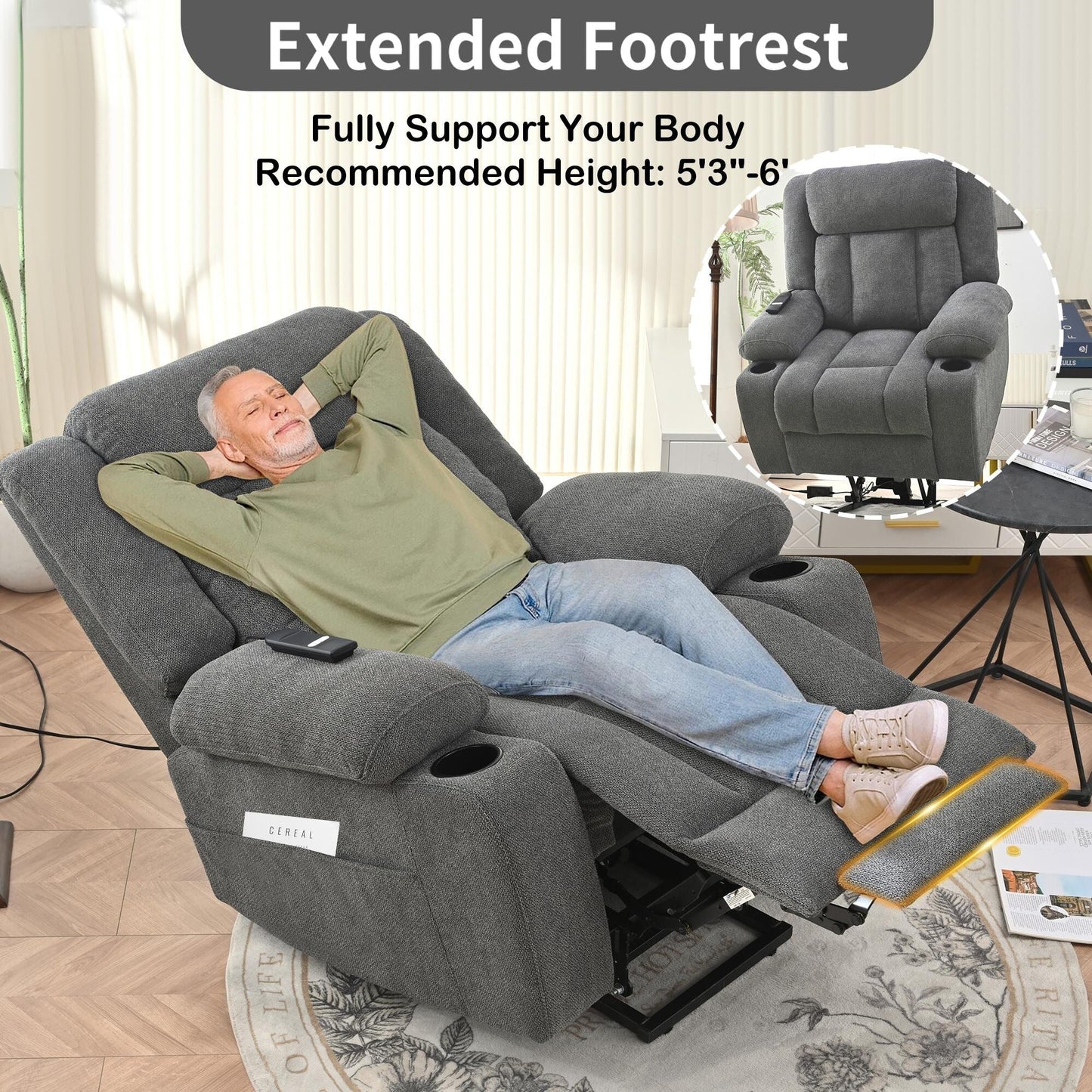 Fauteuil releveur électrique pour personnes âgées, fauteuil releveur en tissu avec repose-pieds extensible, 2 porte-gobelets, poches latérales et télécommande.