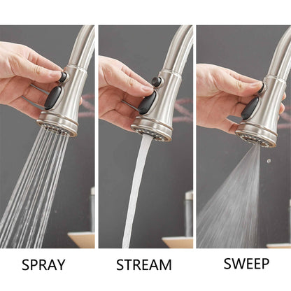 Robinet de cuisine moderne monotrou avec douchette extractible et plaque de montage.