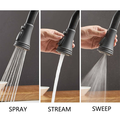 Robinet de cuisine moderne monotrou avec douchette extractible et plaque de montage.