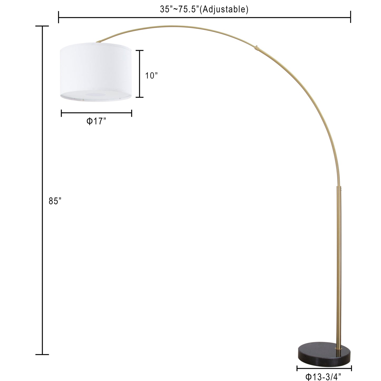 Lampadaire Q-Max 81 en acier, orientable et arqué, avec abat-jour extra large et base en marbre