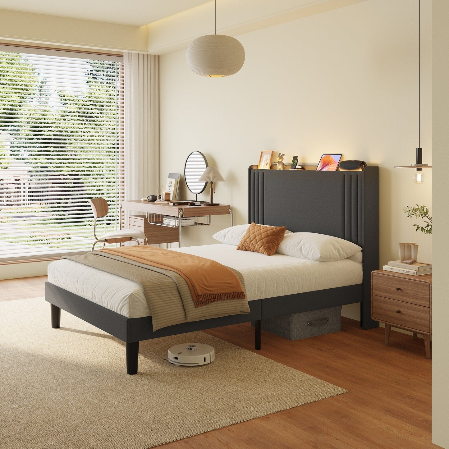 Lit Queen/Full à tête de lit capitonnée avec dossier à oreilles