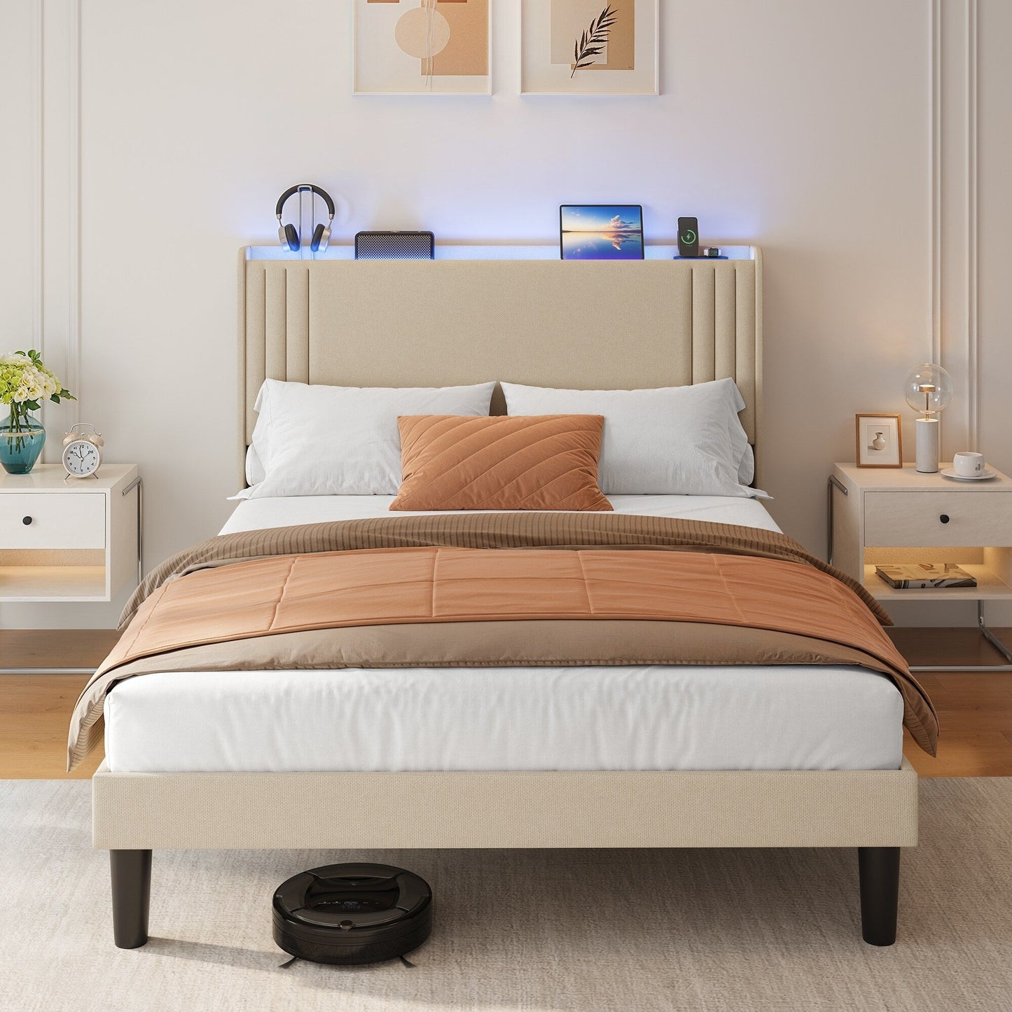 Lit Queen/Full à tête de lit capitonnée avec dossier à oreilles