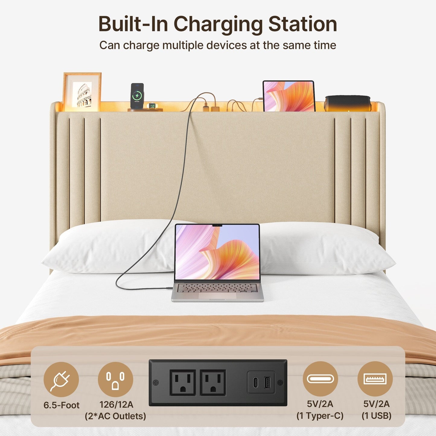 Lit Queen/Full à tête de lit capitonnée avec dossier à oreilles