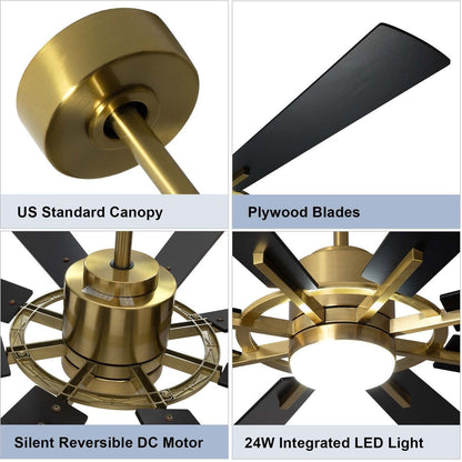 Ventilateur de plafond télécommandé avec éclairage, 8 grandes pales en bois