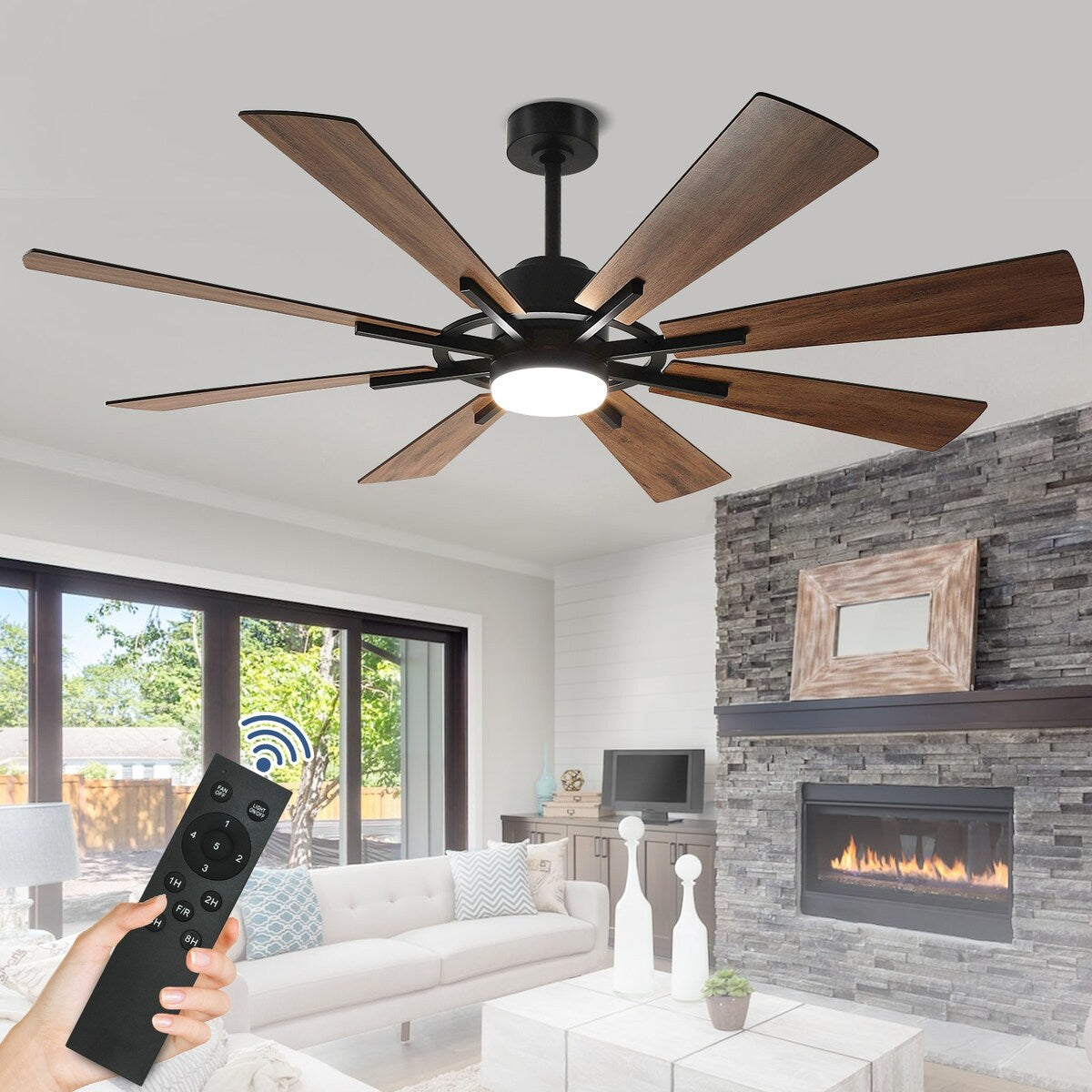 Ventilateur de plafond télécommandé avec éclairage, 8 grandes pales en bois