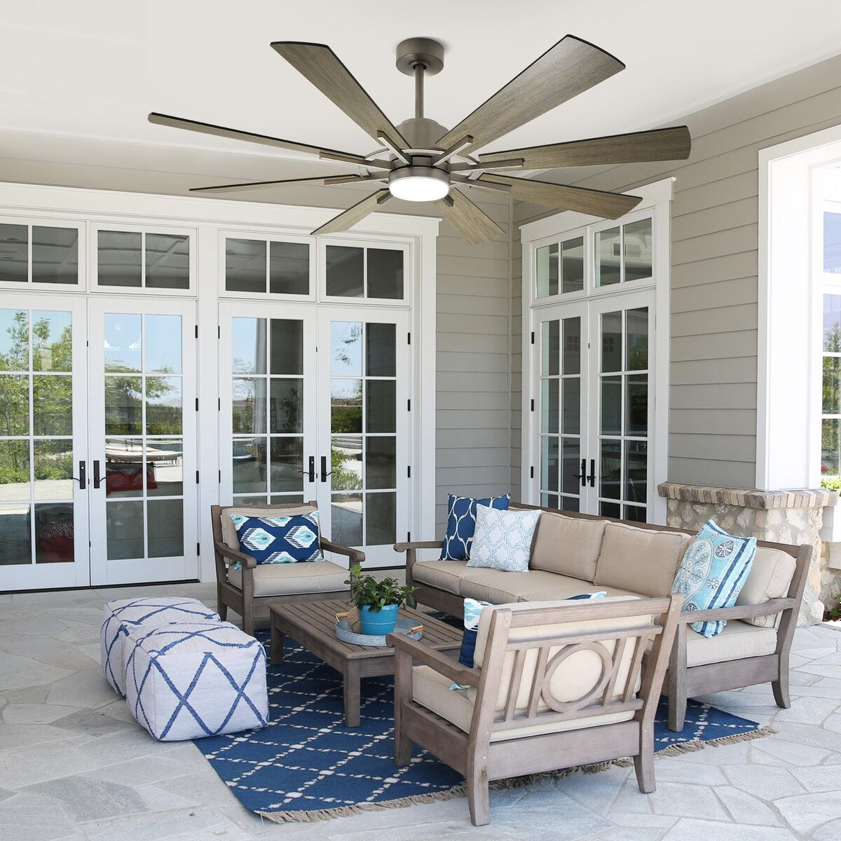 Ventilateur de plafond télécommandé avec éclairage, 8 grandes pales en bois