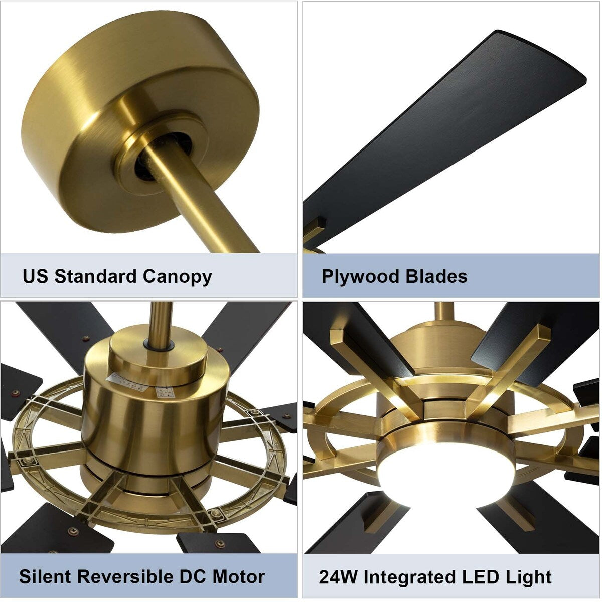 Ventilateur de plafond télécommandé avec éclairage, 8 grandes pales en bois