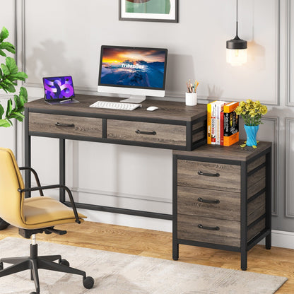 Bureau d'ordinateur réversible à 5 tiroirs, bureau pour bureau à domicile avec tiroir de rangement et support pour imprimante