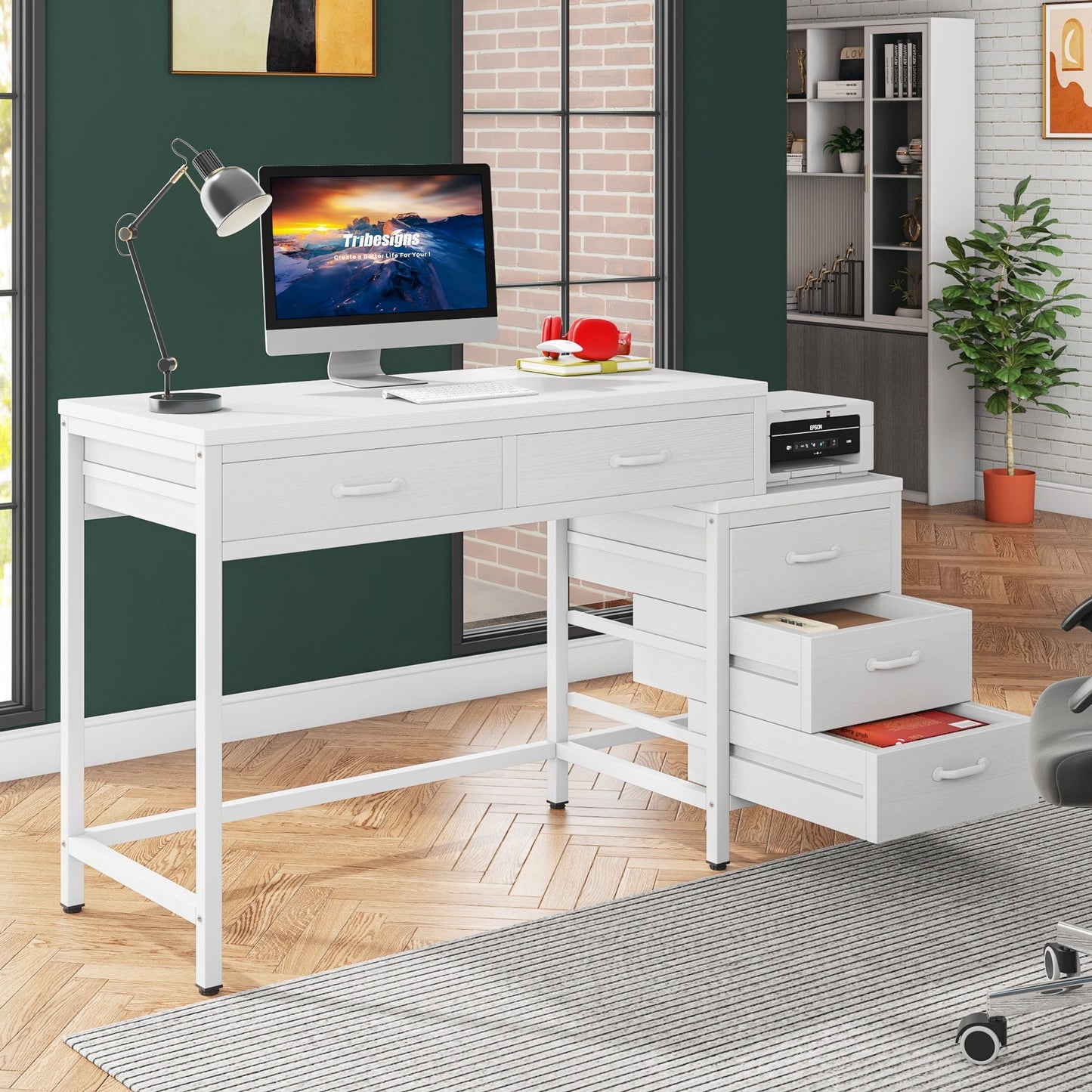 Bureau d'ordinateur réversible à 5 tiroirs, bureau pour bureau à domicile avec tiroir de rangement et support pour imprimante