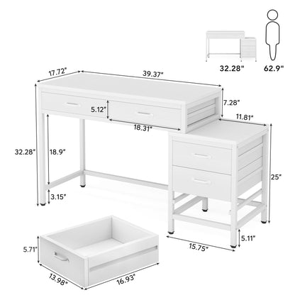 Bureau d'ordinateur réversible à 5 tiroirs, bureau pour bureau à domicile avec tiroir de rangement et support pour imprimante