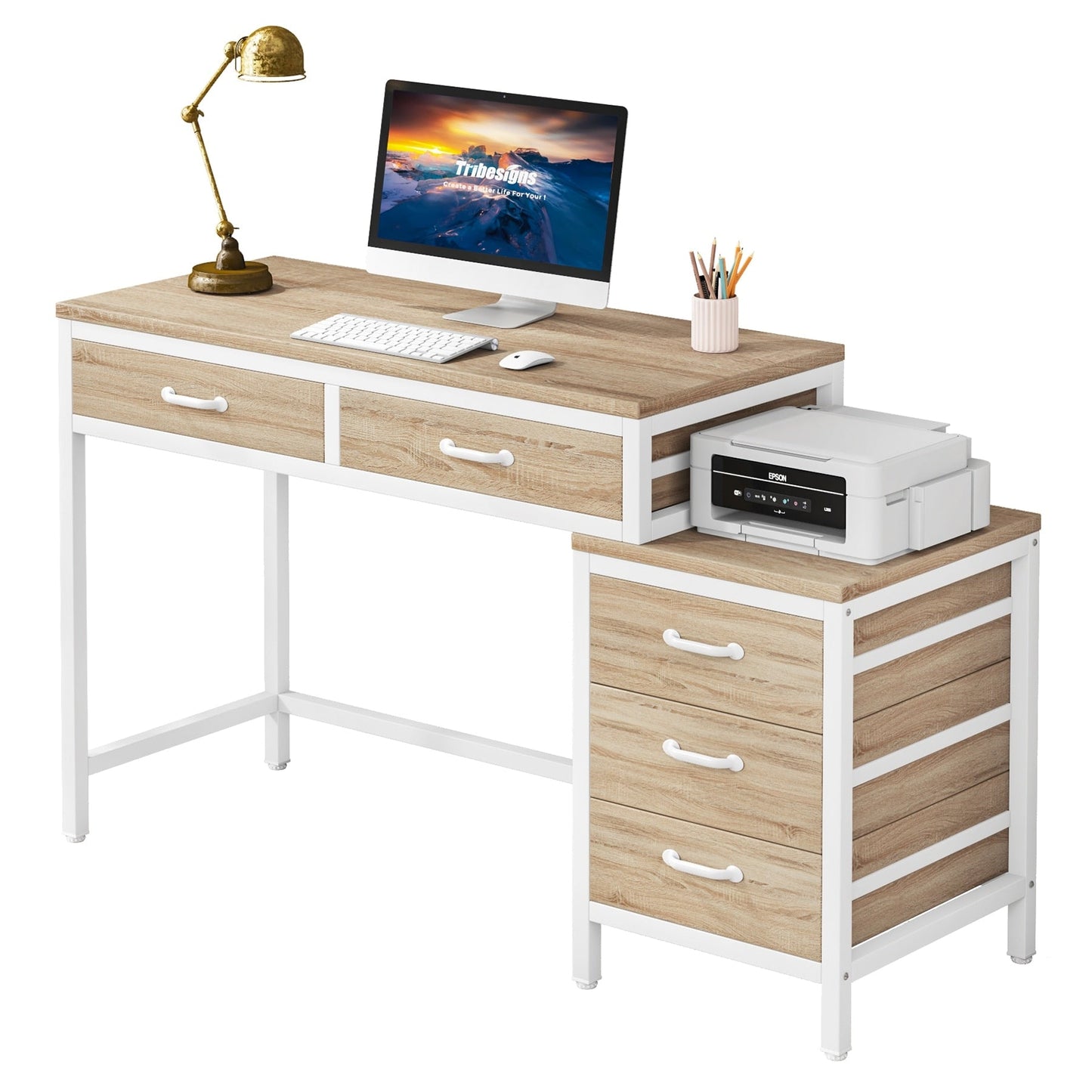 Bureau d'ordinateur réversible à 5 tiroirs, bureau pour bureau à domicile avec tiroir de rangement et support pour imprimante