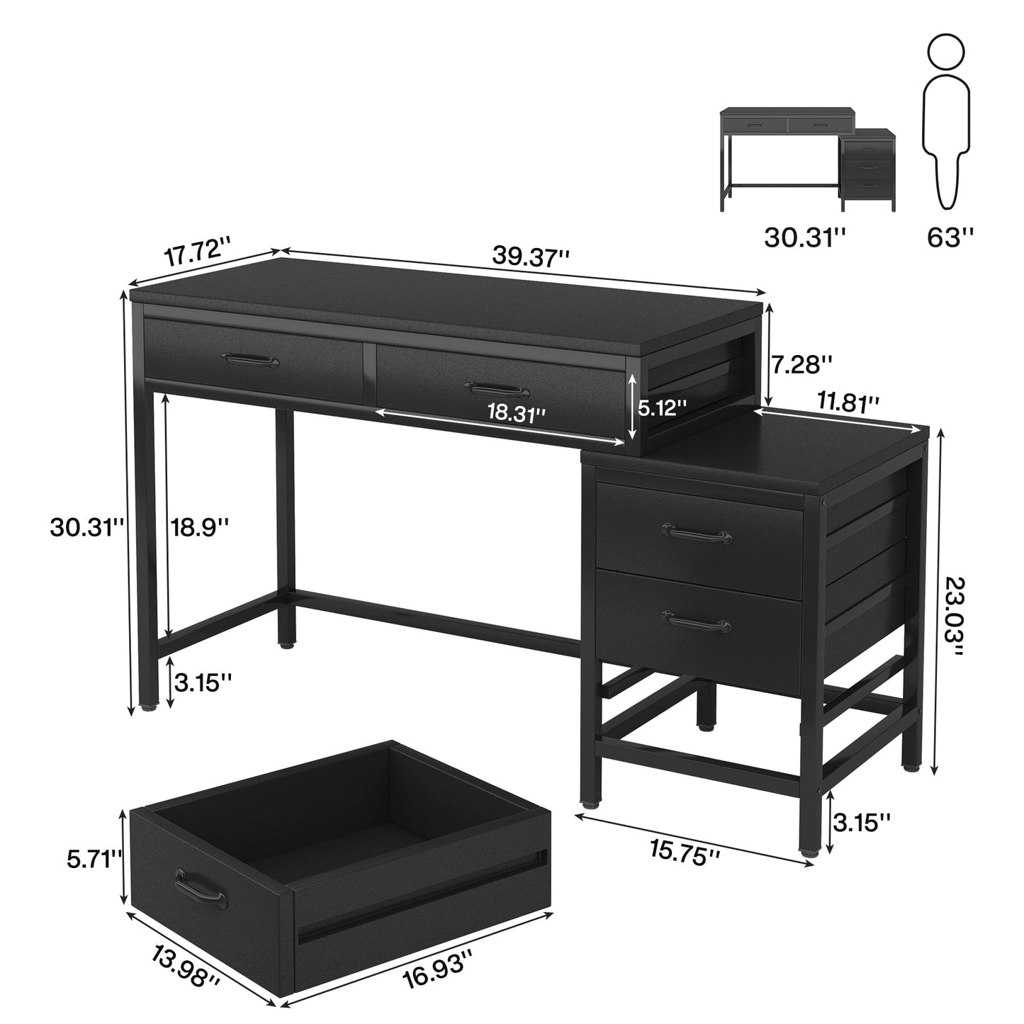 Bureau d'ordinateur réversible à 5 tiroirs, bureau pour bureau à domicile avec tiroir de rangement et support pour imprimante