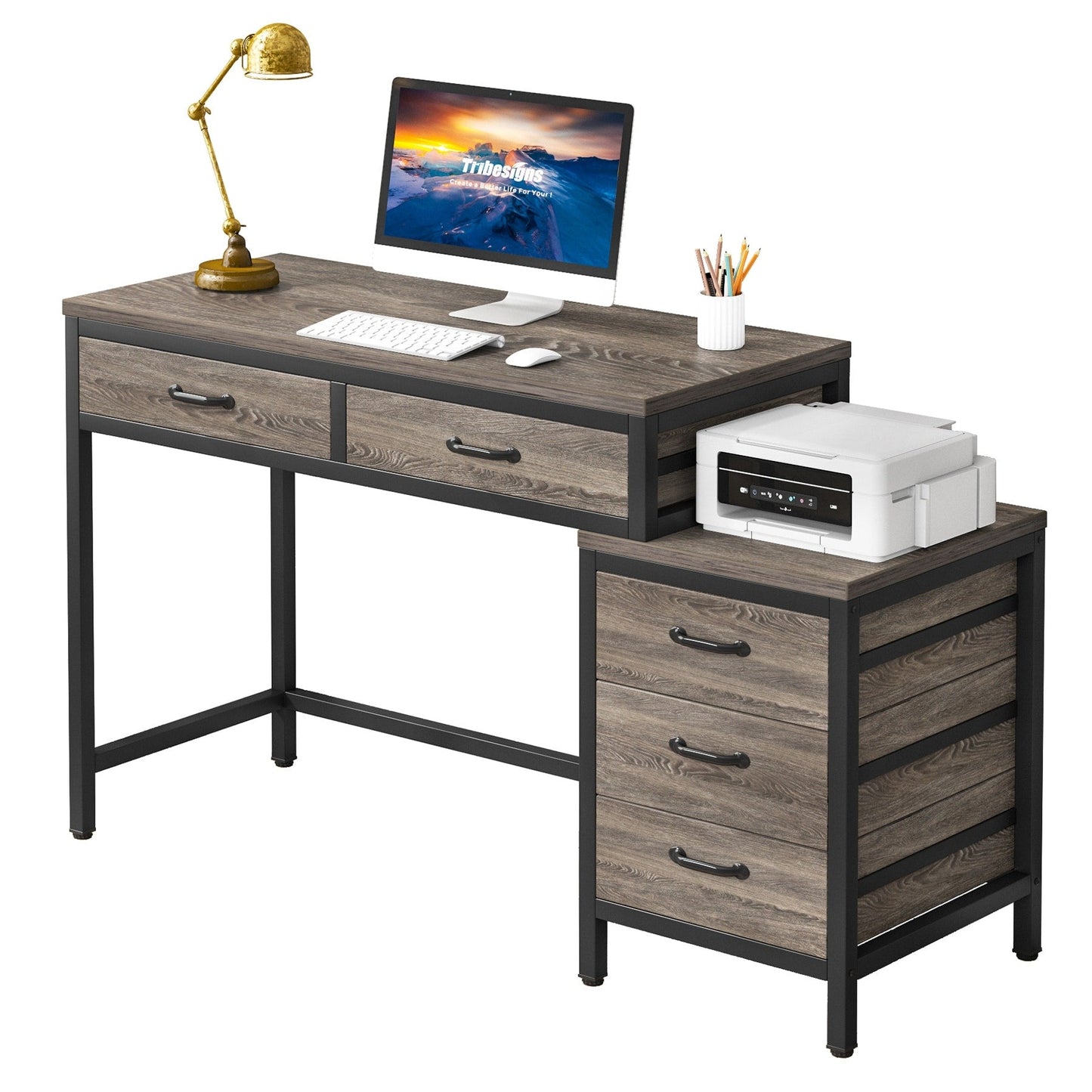 Bureau d'ordinateur réversible à 5 tiroirs, bureau pour bureau à domicile avec tiroir de rangement et support pour imprimante