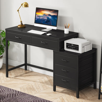 Bureau d'ordinateur réversible à 5 tiroirs, bureau pour bureau à domicile avec tiroir de rangement et support pour imprimante
