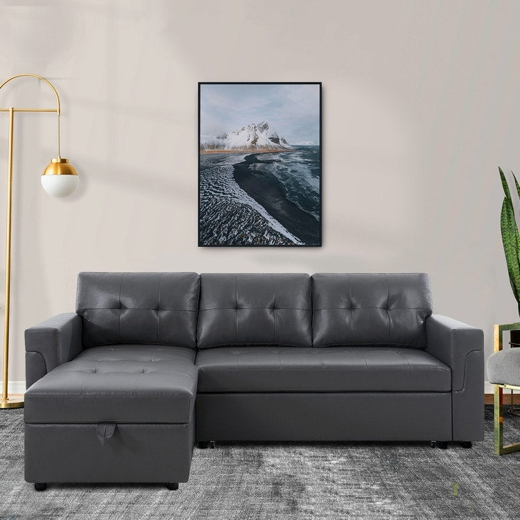 Canapé d'angle convertible et réversible avec lit gigogne, méridienne de rangement dissimulée et pieds robustes.