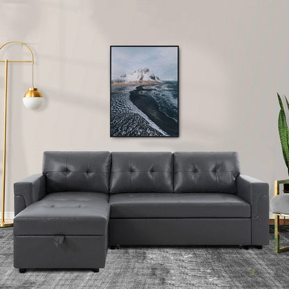 Canapé d'angle convertible et réversible avec lit gigogne, méridienne de rangement dissimulée et pieds robustes.