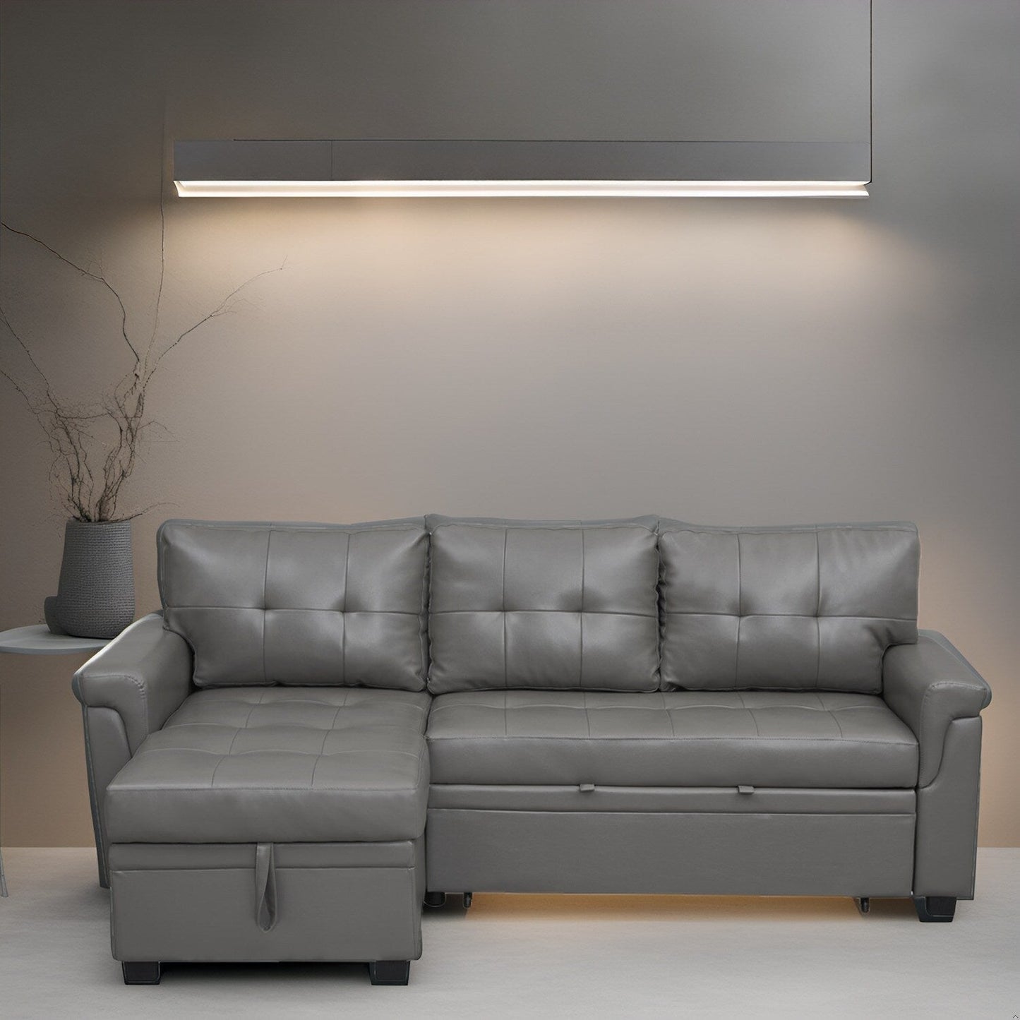 Canapé d'angle réversible avec lit gigogne, méridienne avec rangement dissimulé, pieds robustes.