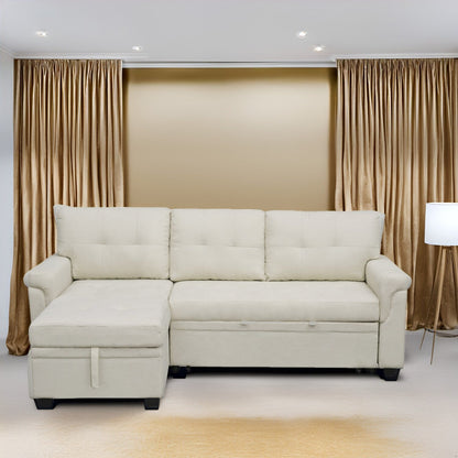 Canapé d'angle réversible avec lit gigogne, méridienne avec rangement dissimulé, pieds robustes.