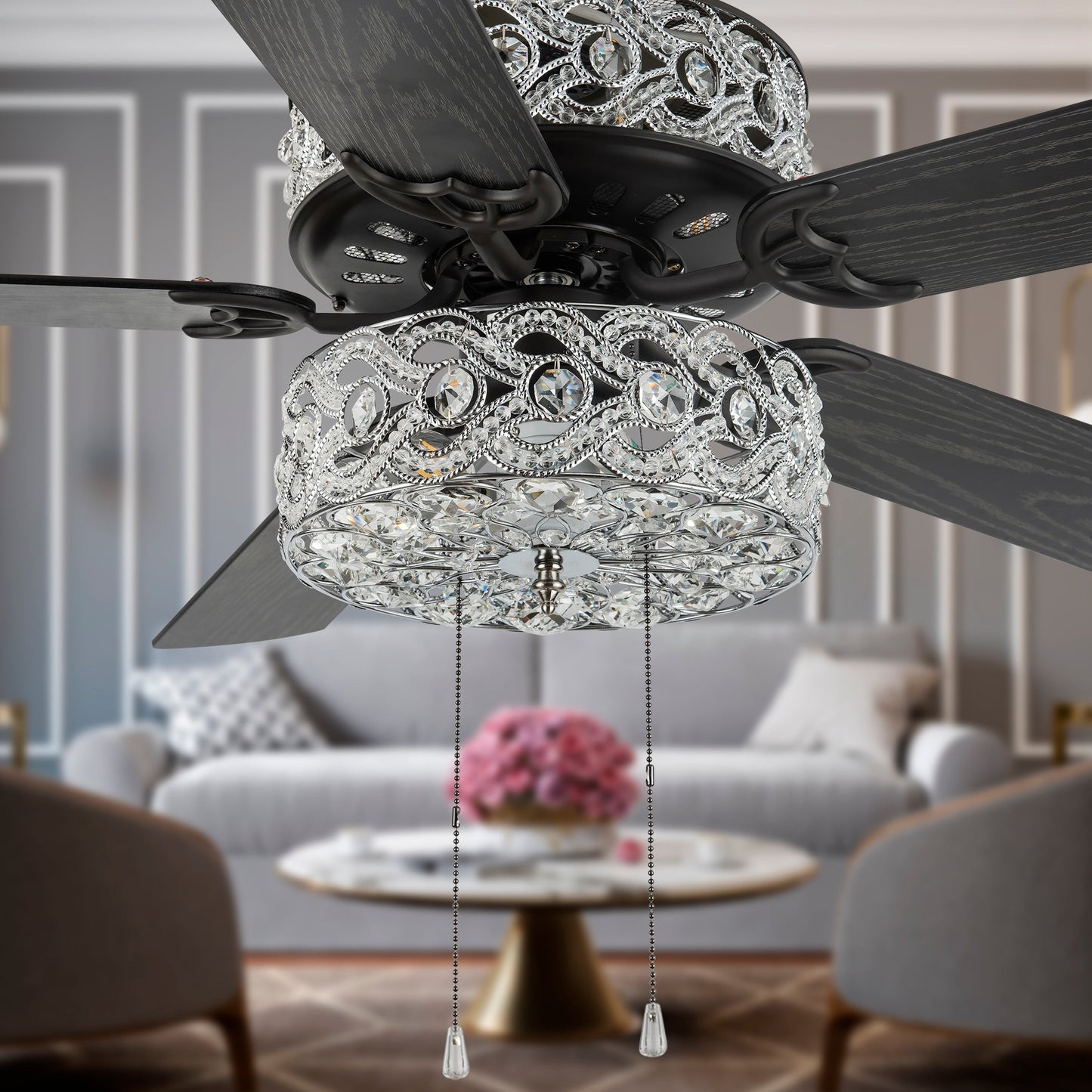 Ventilateur de plafond River of Goods Olivia, finition bronze huilé/cristal, 132 cm (52 ​​po) à DEL - 132 cm (52 ​​po) L x 132 cm (52 ​​po) l x 46 cm (18,25 po) H