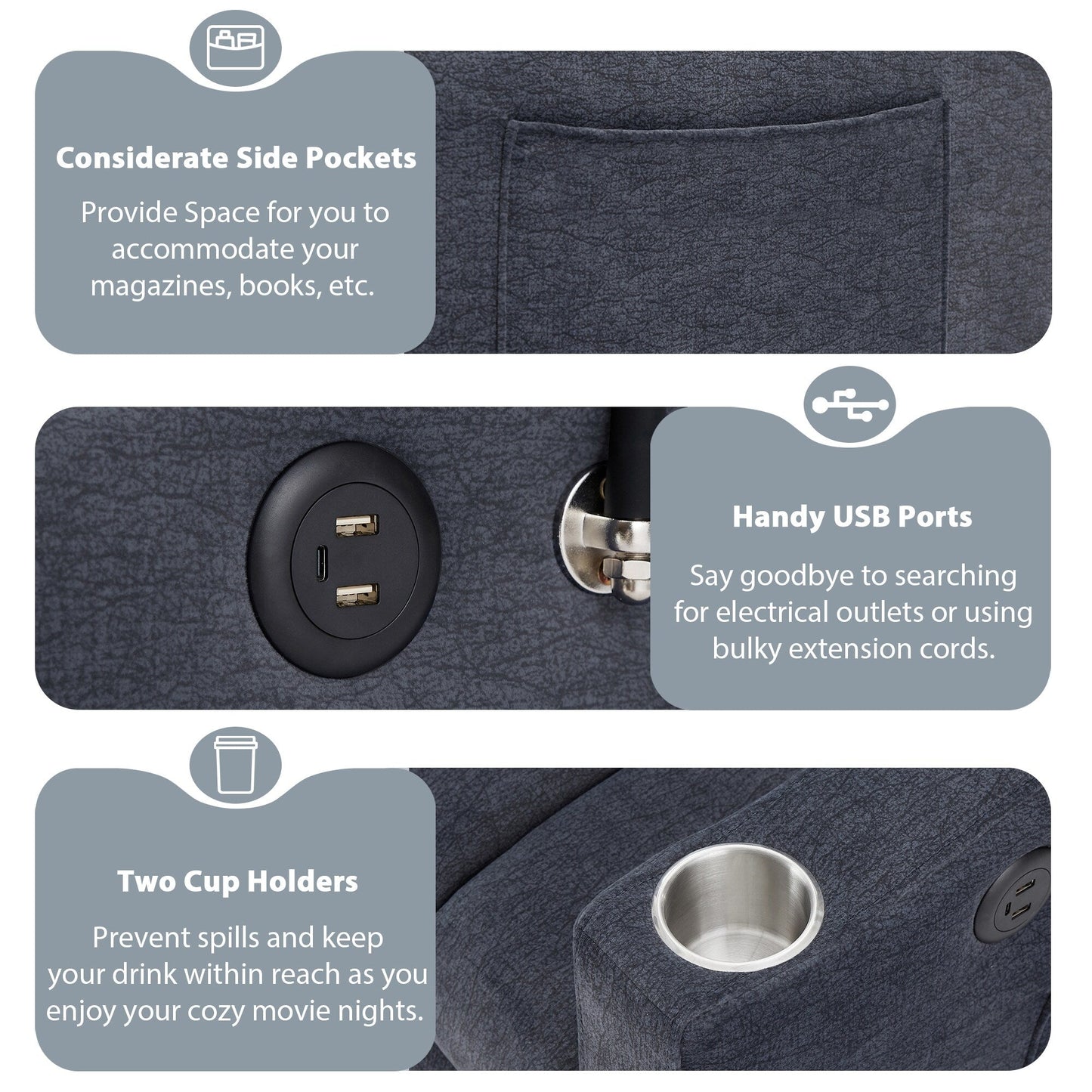 Canapé-lit convertible Roomfitters avec ports USB, poches latérales, porte-gobelets et support pivotant pour téléphone, idéal pour le salon.