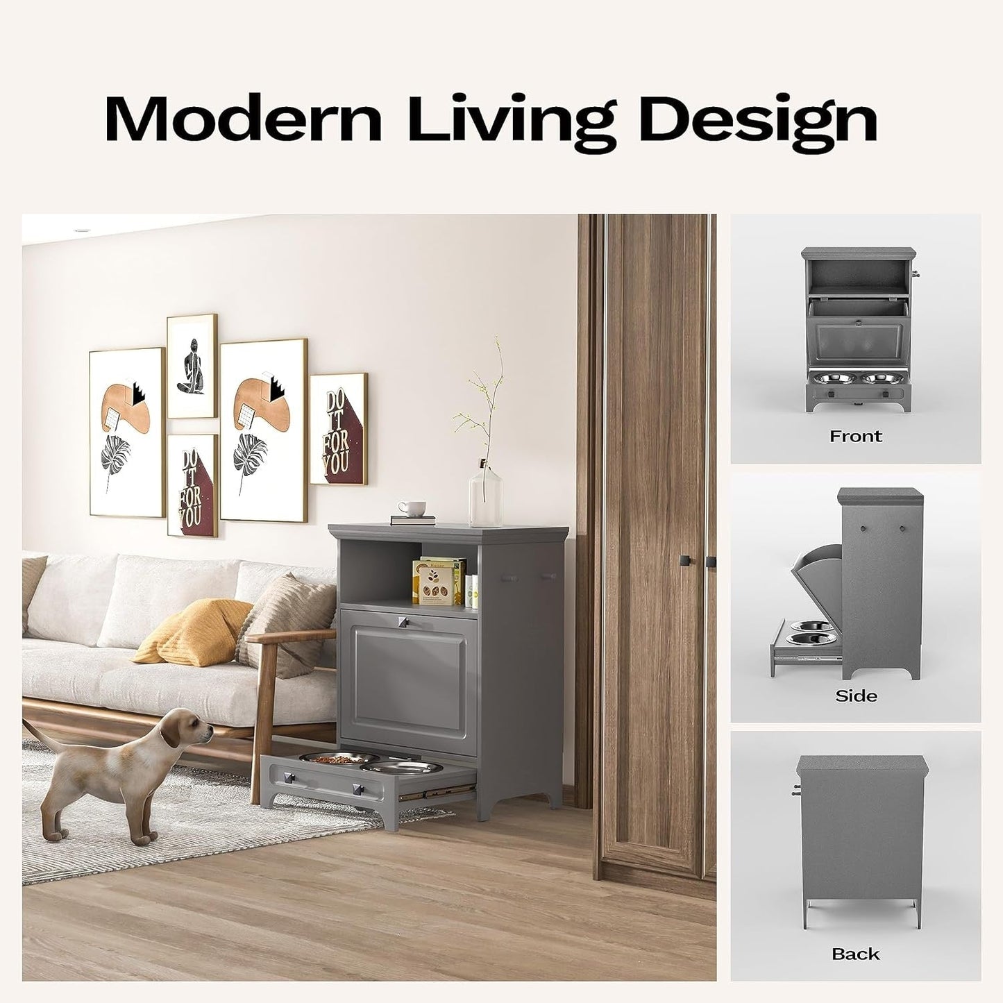 Station d'alimentation pour chiens Roomfitters avec 2 gamelles surélevées, meuble d'alimentation inclinable pour animaux de compagnie