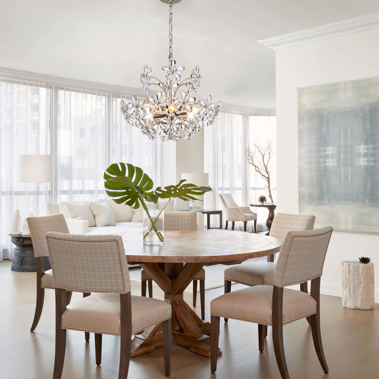 Lustre Rosa à 6 lumières en cristal champagne argenté brossé, orné de fleurs