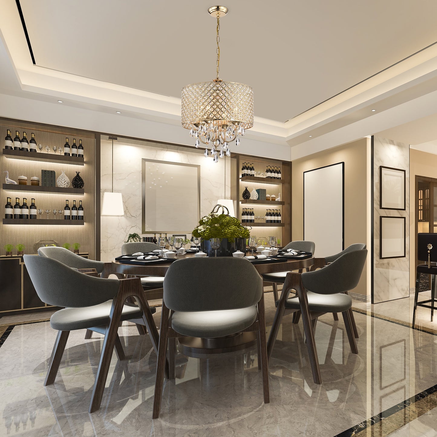 Lustre tambour rond à perles avec cristaux suspendus