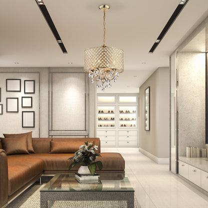 Lustre tambour rond à perles avec cristaux suspendus