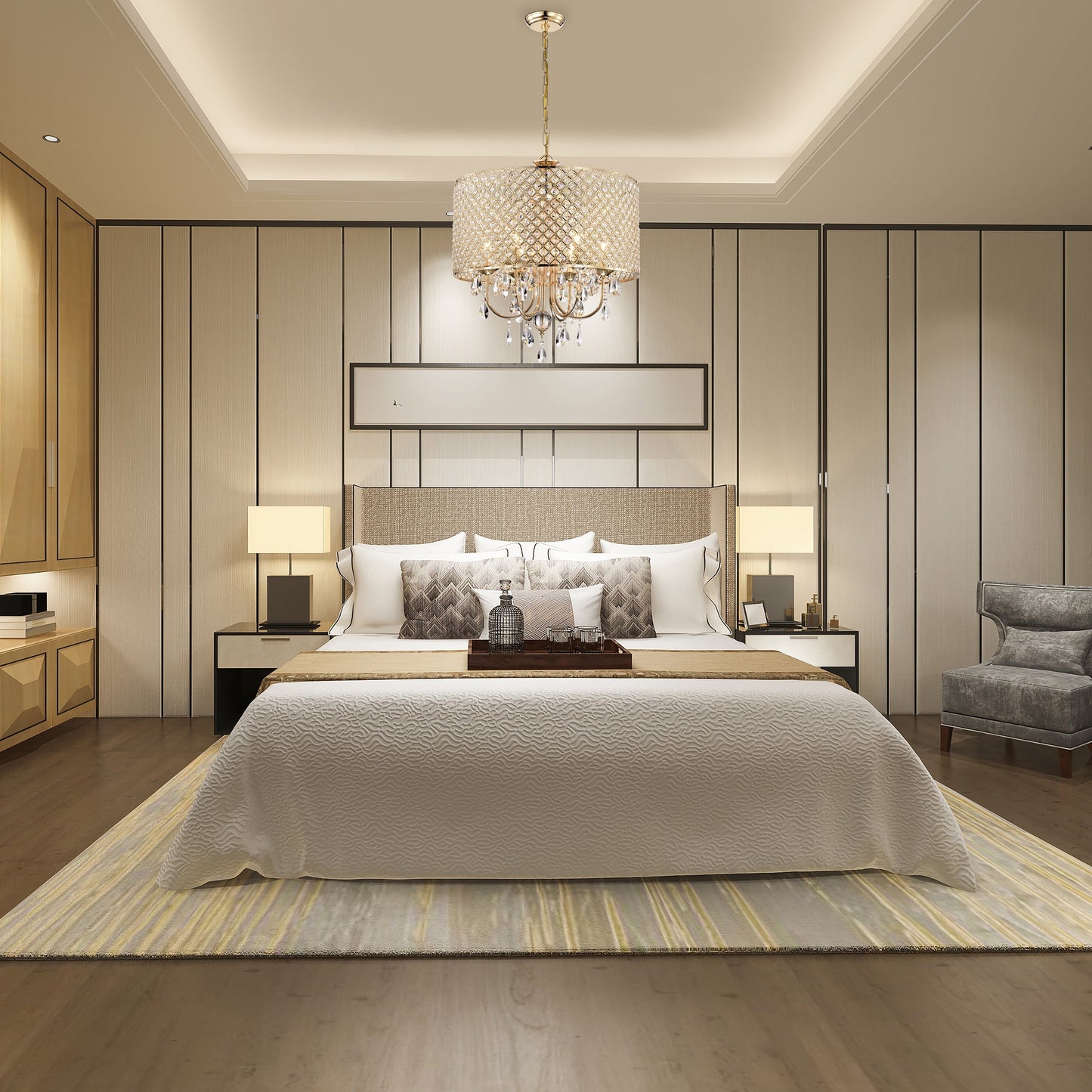 Lustre tambour rond à perles avec cristaux suspendus