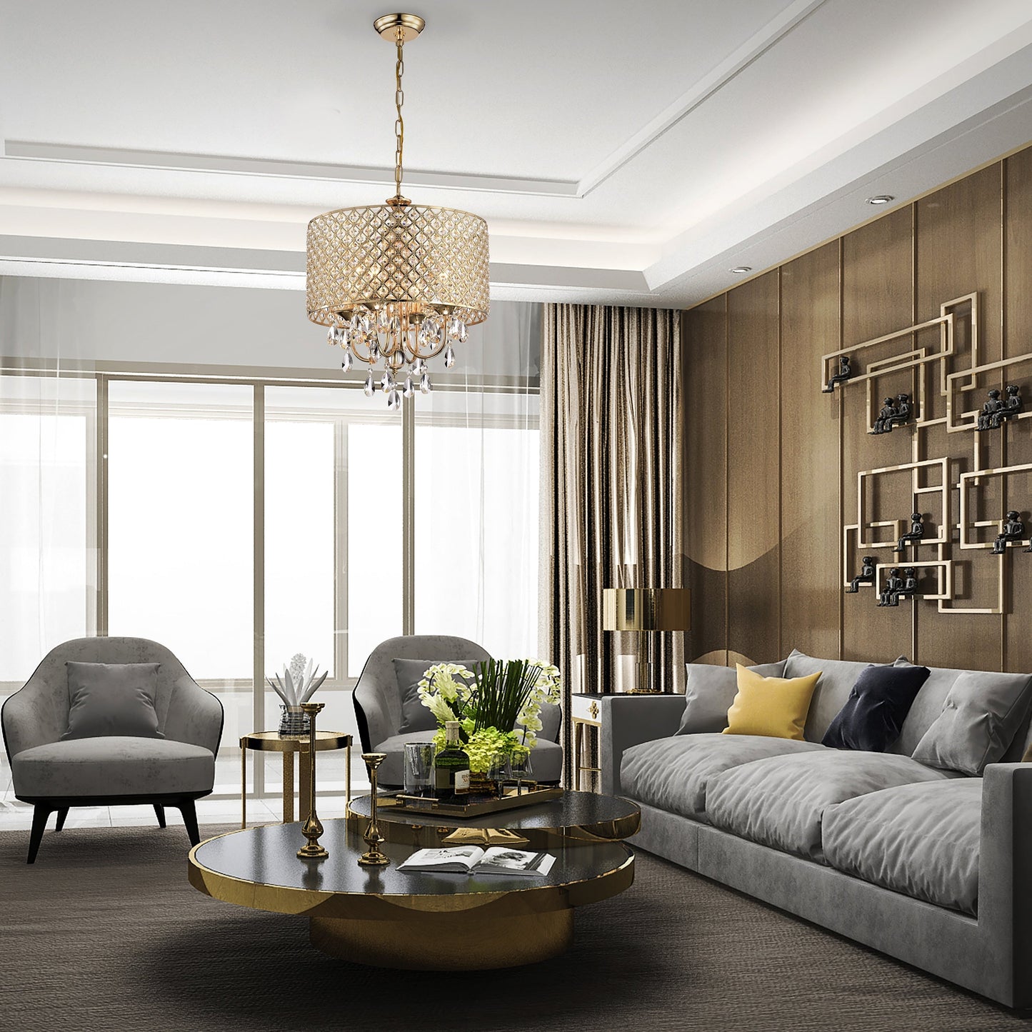 Lustre tambour rond à perles avec cristaux suspendus