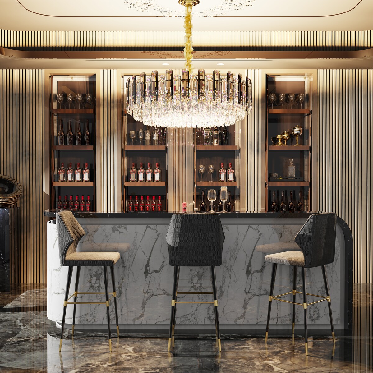 Lustre de plafond rond à plusieurs niveaux en cristal brillant avec suspension à 3 couleurs d'éclairage