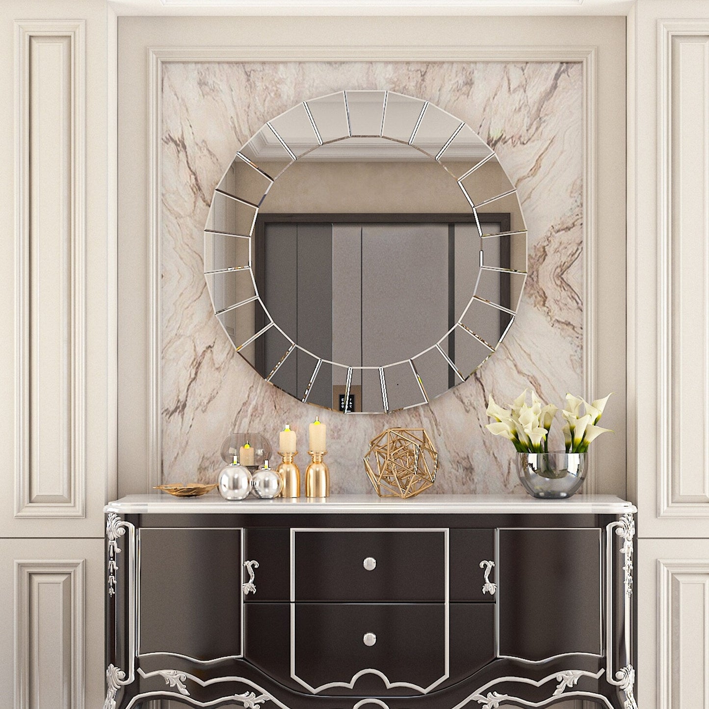 Miroir décoratif mural rond en verre d'art, style vénitien orné - 32 x 32