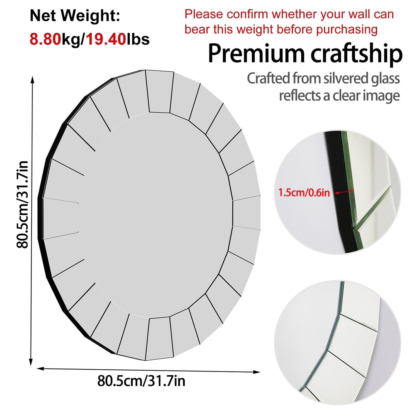 Miroir décoratif mural rond en verre d'art, style vénitien orné - 32 x 32