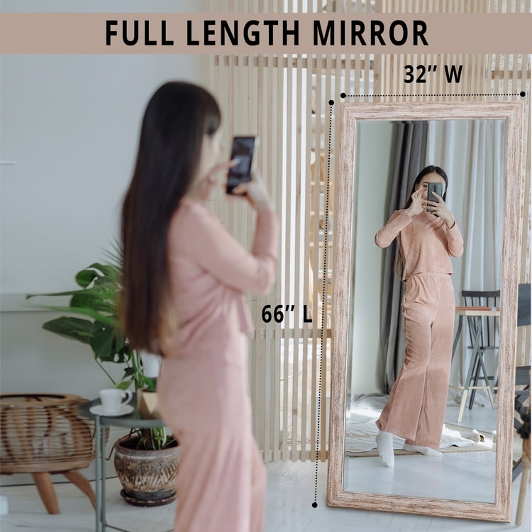 Miroir sur pied rustique pleine longueur - Miroir rectangulaire 66 x 32 cm avec cadre en bois pour salon, chambre