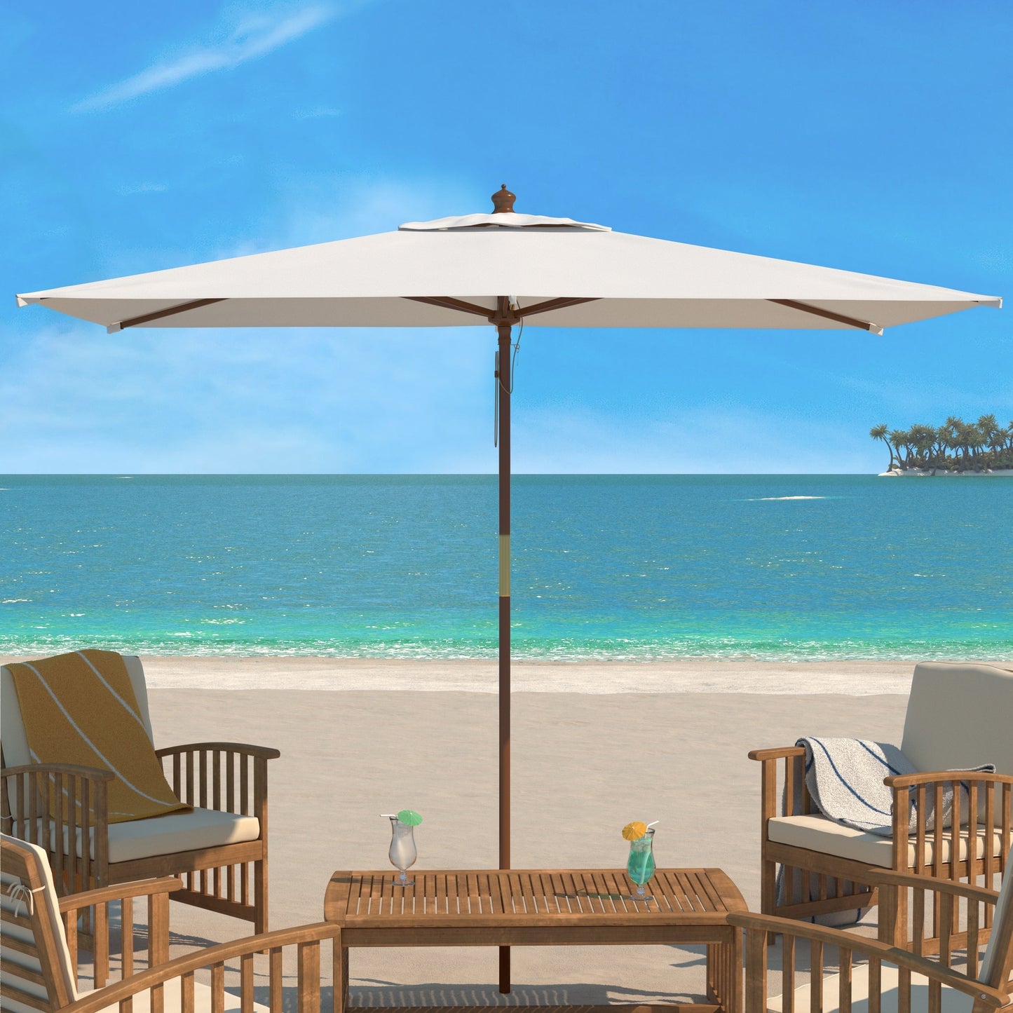 Parasol de marché extérieur SAFAVIEH Glauca de 3,35 m (11 pieds) à poulie en bois