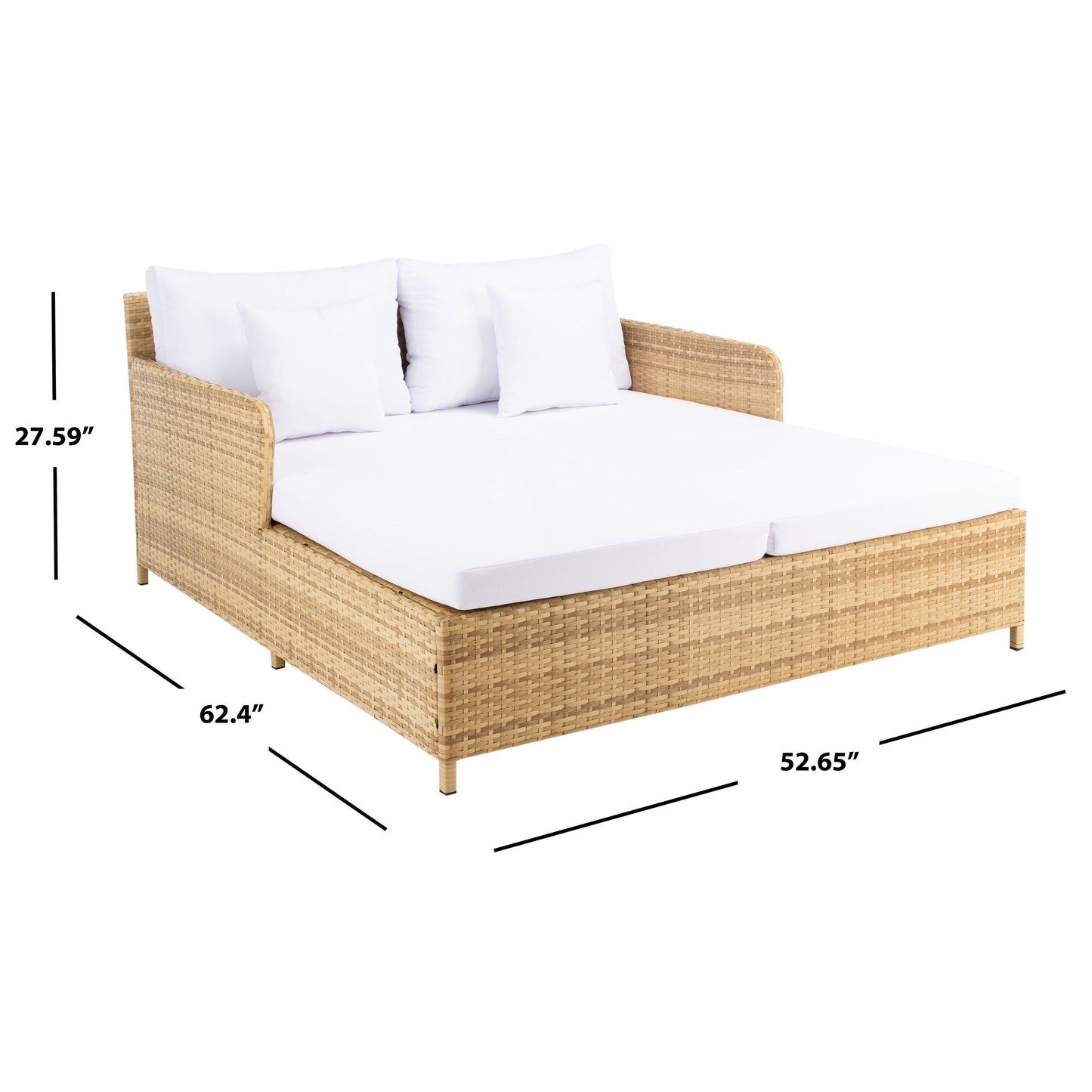 Lit de jour d'extérieur SAFAVIEH Taniyah en osier avec oreiller et coussins - 53 cm (L) x 28 cm (P) x 62 cm (H)