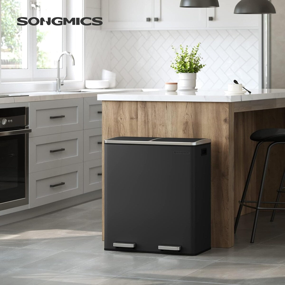 Poubelle double SONGMICS, 60 litres, en acier inoxydable, noire