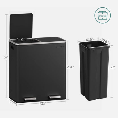 Poubelle double SONGMICS, 60 litres, en acier inoxydable, noire