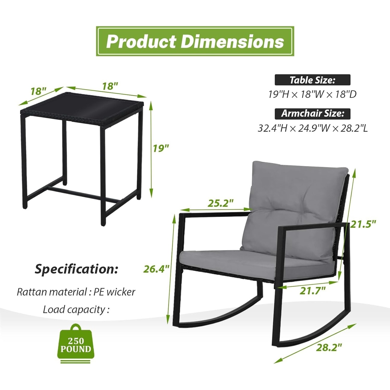 Ensemble bistro à bascule 3 pièces en métal noir SUNCROWN pour terrasse extérieure