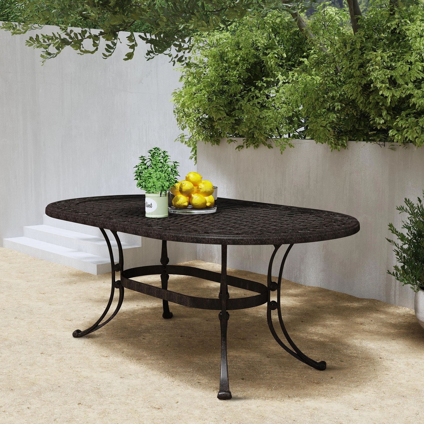 Ensemble de salle à manger d'extérieur 7 pièces Sanibel en aluminium bronze avec table ovale de 72 pouces et six fauteuils par Homestyles